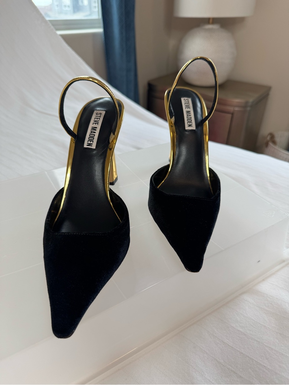 Steve Madden Black Velvet Pointed Slingback Heels with Gold Trim